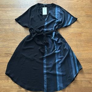 Bloomchic Striped Patchwork Notched Belted Pocket Dress - Navy